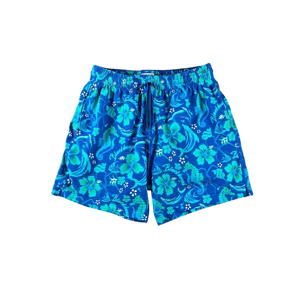 Blackbough Swim Mens Blue Green Tropical Hibiscus Seahorse Mesh Swim Trunks S